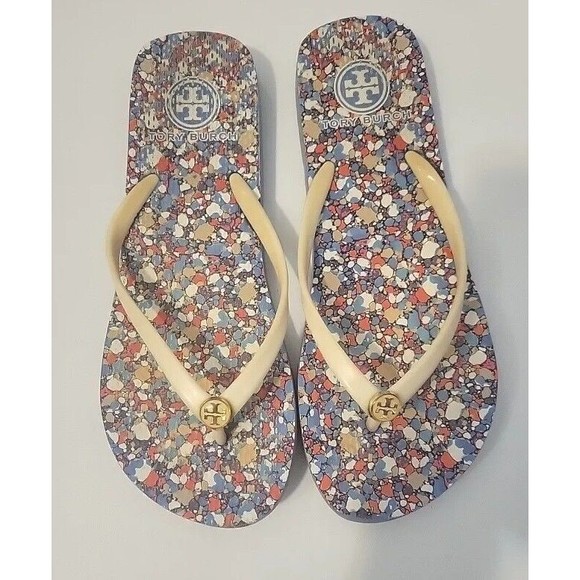 Tory Burch Festival Linosa Logo Thongs Sandals Leather Upper Blue Shoes-7.5 / 8 - Picture 1 of 9